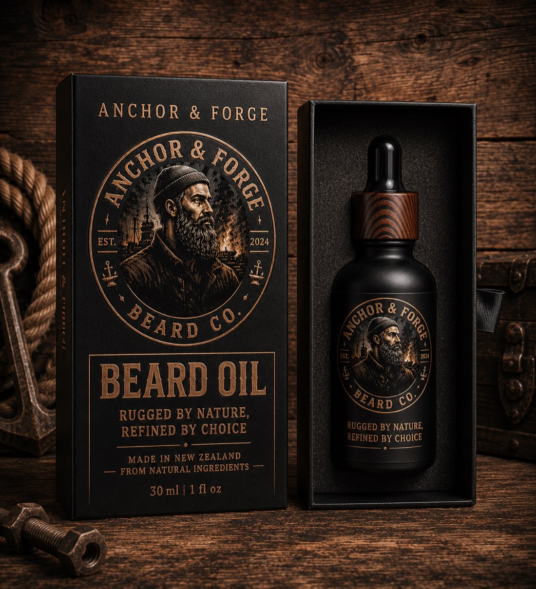 Anchor & Forge beard oil presented in its gift box